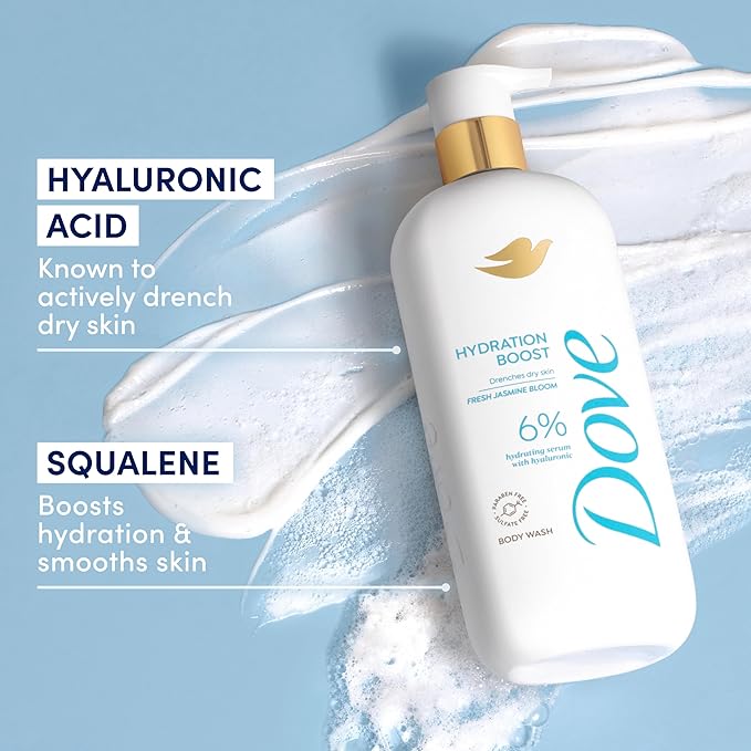 Dove Body Wash Hydration Boost Actively drenches dry skin 6% hydration serum with hyaluronic 30 fl oz