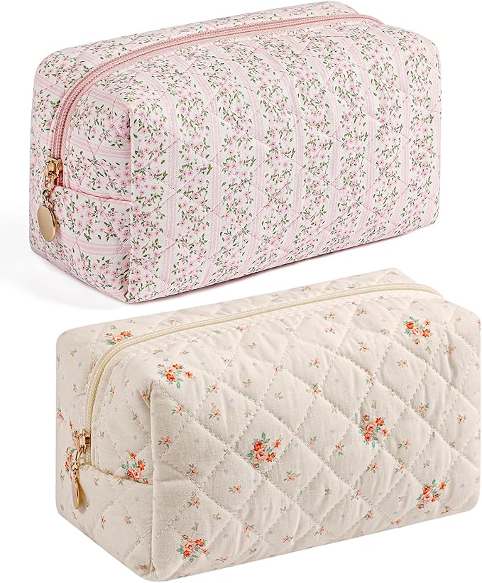 HHQQWZ Makeup Bag Travel Cosmetic Bag for Women Girls, Zipper Make Up Pouch, Floral Flowers Toiletry Organizer Makeup, Portable Storage Cosmetic Travel Cloth Bag (Pink+White Small Flower)