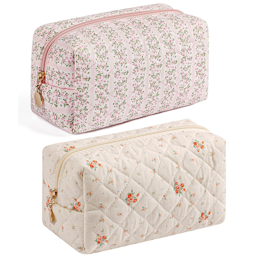 HHQQWZ Makeup Bag Travel Cosmetic Bag for Women Girls, Zipper Make Up Pouch, Floral Flowers Toiletry Organizer Makeup, Portable Storage Cosmetic Travel Cloth Bag (Pink+White Small Flower)