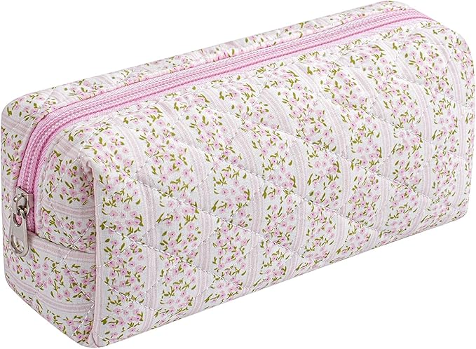 HHQQWZ Cute Floral Cotton Makeup Brush Cosmetic Bag for Women, Travel Quilted Zipper Make Up Bag, Flowers Toiletry Organizer Case Kawaii Makeup Cosmetic Travel Cloth Pouch (Pink Floral)