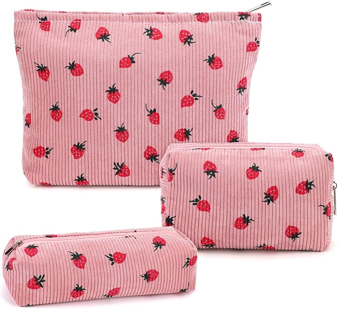 Gocvo 3 Pcs Makeup Bag Cosmetic Bag Set for Girls Women Travel Organizer Bathroom Toiletry Pouch Large Capacity Storage Bag (Strawberry Pink)