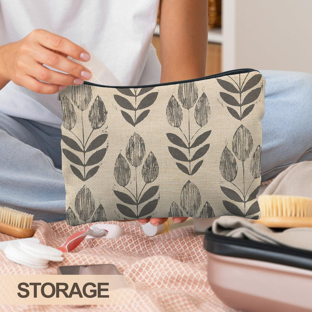 RYYCDOI Vintage Boho Beige Floral Makeup Bag, Modern Farmhouse Green Tulip Flower Cosmetic Bags for Women, Contemporary Leaf Botanical Zipper Makeup Pouch