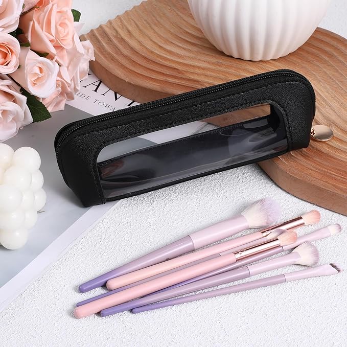 Psyqtsuary Clear Makeup Bag, PU Leather Mini Makeup Pouch Portable Makeup Brush Case Transparent Waterproof Cosmetic Organizer Pouch with Zipper for Women Home Travel Office Makeup Storage (Black)