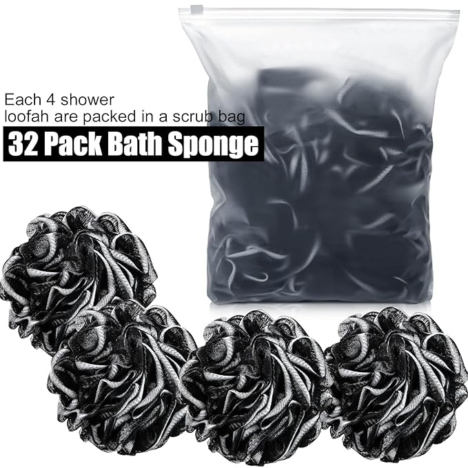 Shellwei 32 Pcs Bath Loofahs Sponge Shower Bulk 60 g for Men Black Large Charcoal Body Scrubber Mesh Shower Puff White Soft Exfoliating Pouf Balls for Women Bathing Accessories