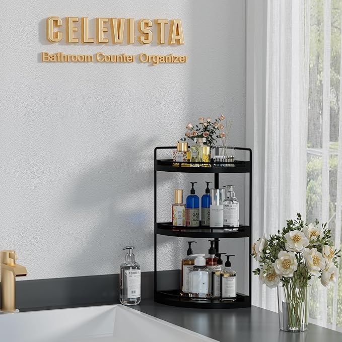 CeleVista Corner Bathroom Counter Organizer, 3 Tier Bathroom Sink Shelf Countertop, Wood Vanity Skincare Storage for Toiletries Decor, Makeup, Dresser(Black)