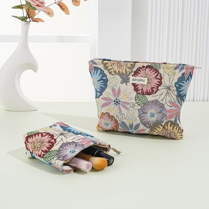 BOCGRPU 2 PCS Makeup Bag Set Cute Small Cosmetic Bag for Purse ，Large Toiletry Bag Makeup Organizer，Travel Pouch with Zipper for Women, (Flower Garden White)