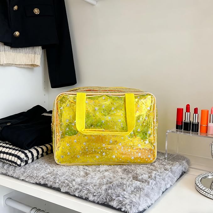 TotePrint Holographic Yellow Clear Star Large Cosmetic Bag and TPU Travel Pouch with Handle,Durable Material,Zipper Design-Ideal for Makeup,Travel Essentials (Yellow)