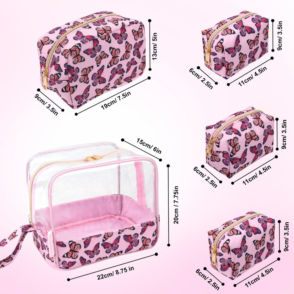 Emma & Chloe Travel Toiletry Bags for Women, 5 Piece Waterproof Cosmetic Case, Bag, Pouch Makeup Organizer Set for Women, Home Counters (Fluttering Pink Butterflies)