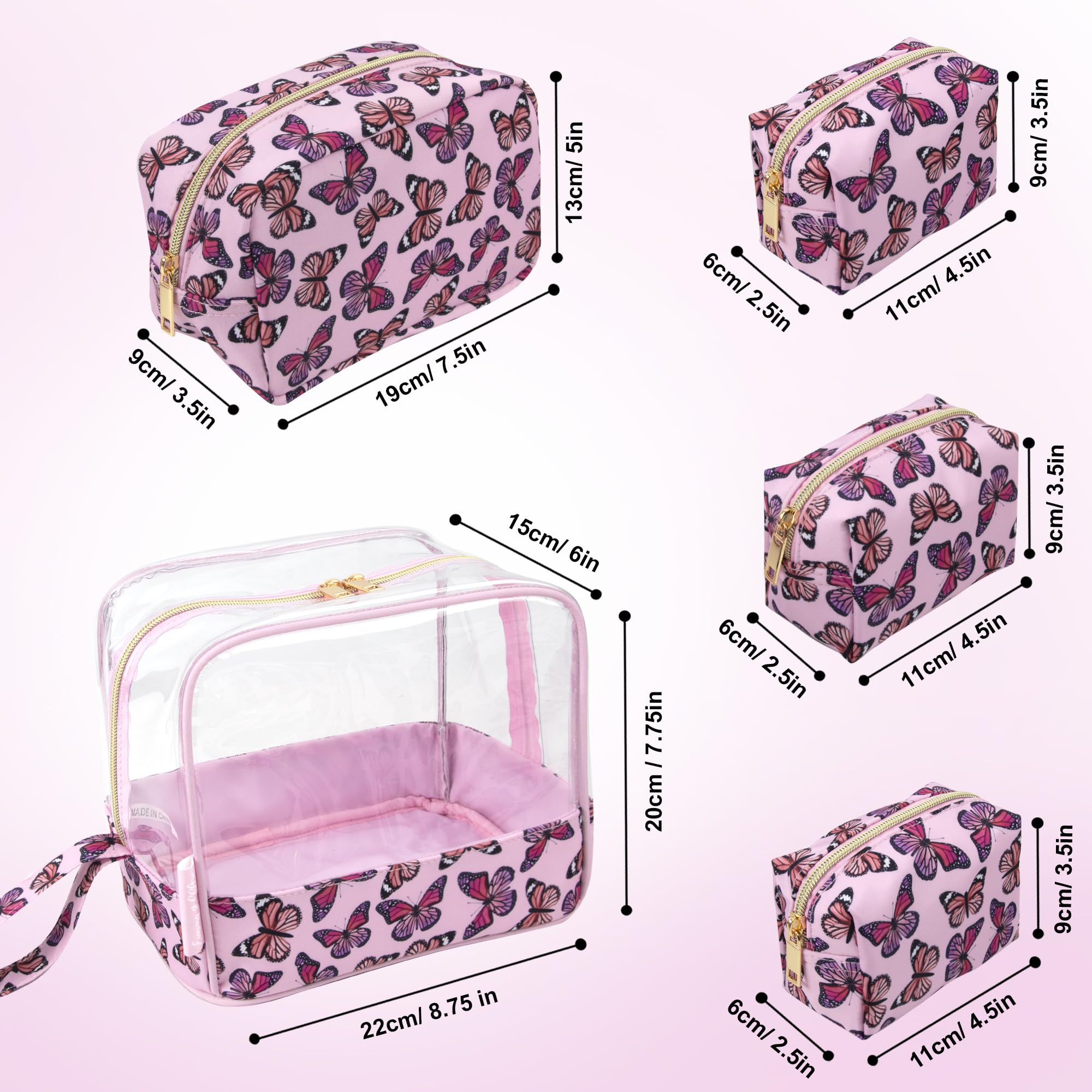 Emma & Chloe Travel Toiletry Bags for Women, 5 Piece Waterproof Cosmetic Case, Bag, Pouch Makeup Organizer Set for Women, Home Counters (Fluttering Pink Butterflies)