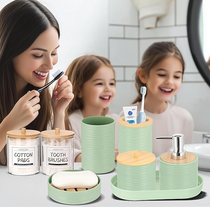 IMAVO Green Bathroom Set,26Pcs Bathroom Accessories Set with PVC Shower Curtain,Rugs,Trash Can,Tray,Soap Dispenser,Soap Dish,Toothbrush Holder,Toothbrush Cup,Toilet Brush Holder and Qtip Holders