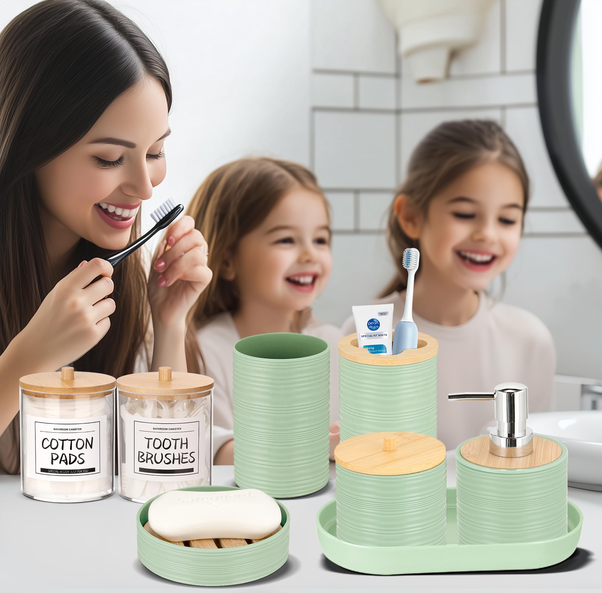 IMAVO Bathroom Accessory Set-11Pcs Green Bathroom Accessories Set with Trash Can,Soap Dispenser,Soap Dish,Toothbrush Holder,Toothbrush Cup,Toilet Brush Holder,Qtip Holder Dispenser with Labels