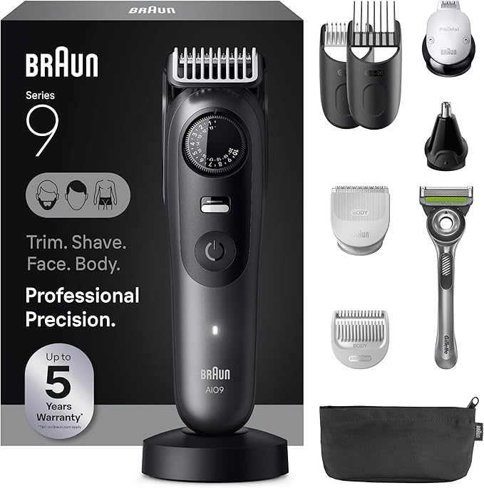 Braun All-in-One Series 9 Men’s Electric Beard Trimmer, Hair Clipper, Shaver & Razor for Face, Hair & Body, AIO 9535 with Gillette Labs Razor, Cordless