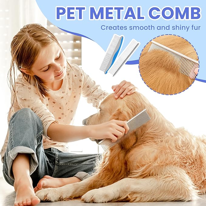 Self Cleaning Shedding Brush - 5-in-1 Professional Pet Grooming Kit Skin Friendly Grooming Tool for Dogs, Cats, and Puppies, Deshedding and Hair Removal for Long and Short Haired Pets（Blue-Grey）