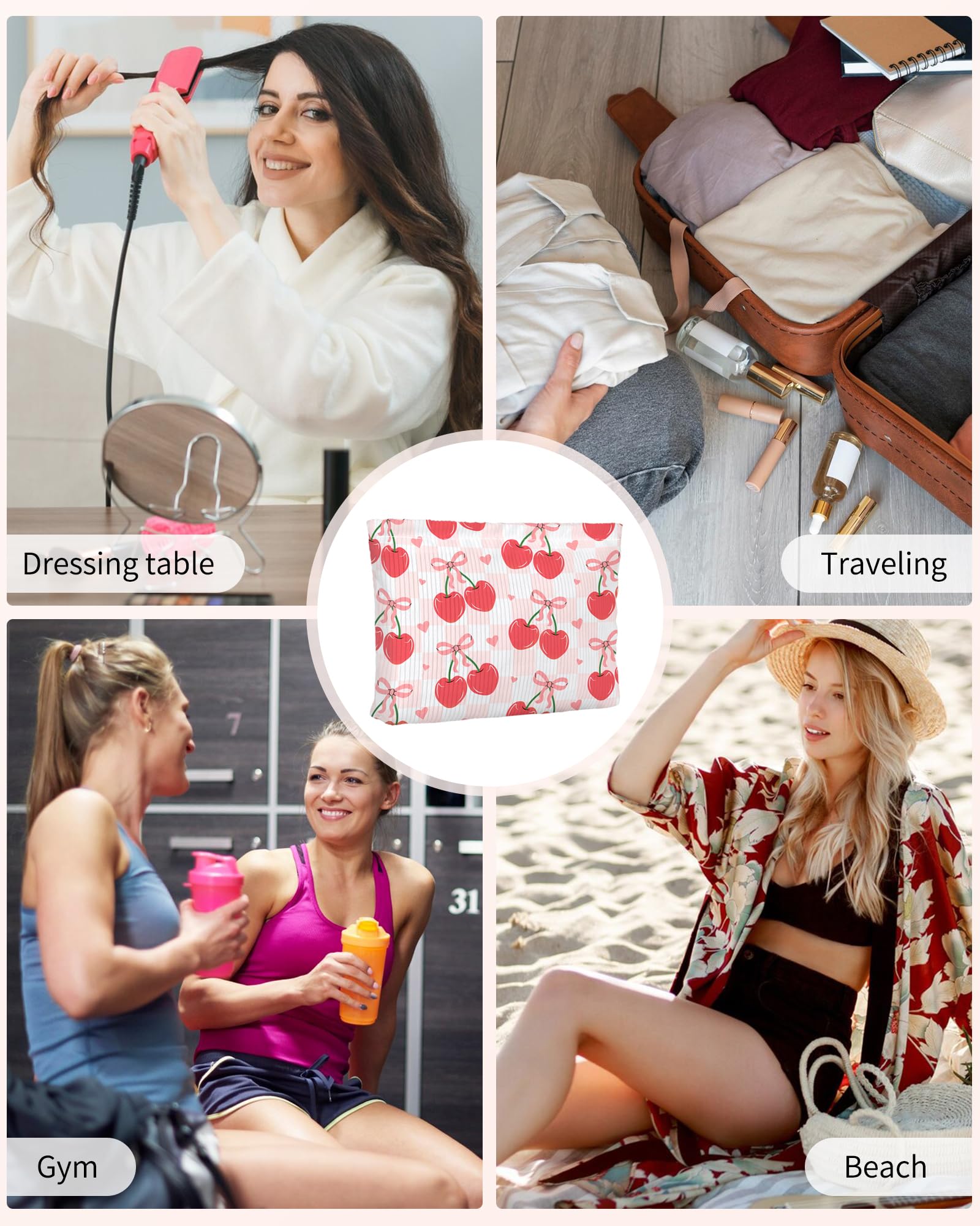 Ksriylm Cute Red Plaid Cherry Bow Knot Makeup Pouch for Women Small Make Up Check Cherries Bows Bag for Purse Zipper Initial Makeup Cosmetic Bags Pouches for Purse Aesthetic Travel Toiletry Bags