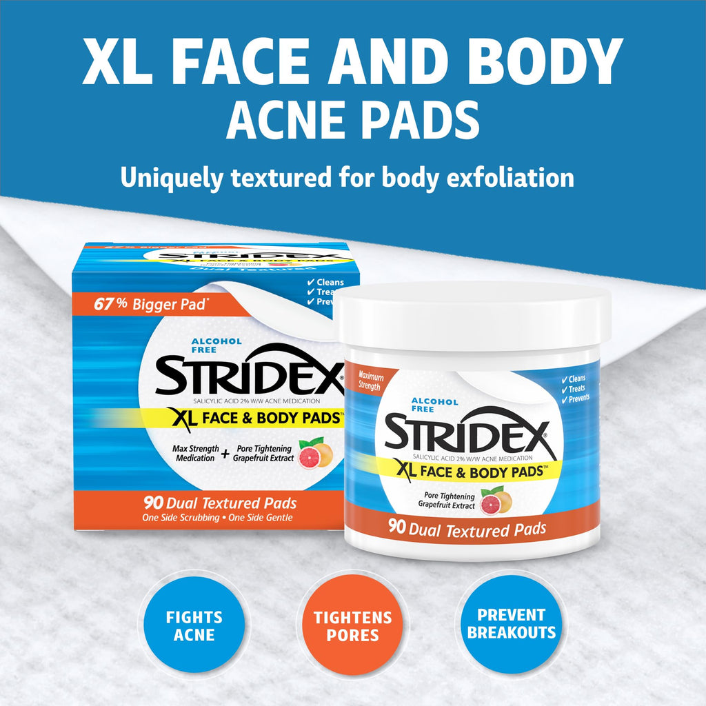 Stridex XL Face Body Pads, Exfoliating Salicylic Acid Acne Treatment, 90 Ct