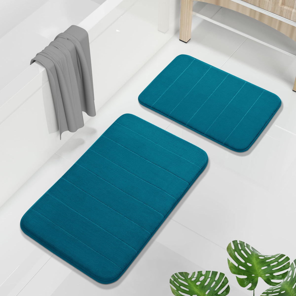 Yimobra Memory Foam Bathroom Mat Set, 24 x 17 & 24 x 20 in, Navy Blue