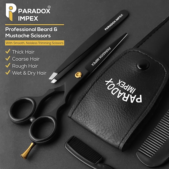 5” Beard and Mustache Scissors, German Stainless Steel Beard Scissors Come with 1 Tweezers, 1 Beard Comb, 1 Mustache Comb and Pouch, Hair Scissors for All Facial Hairs. (Black)
