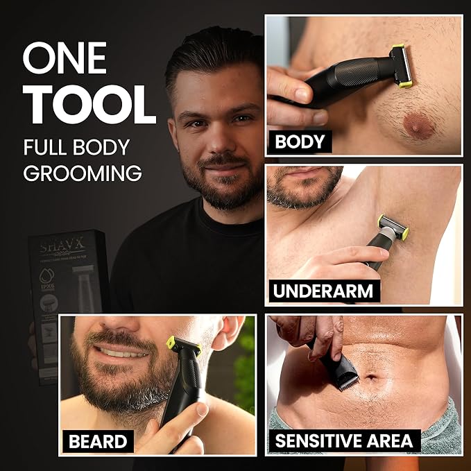 Groin & Body Hair Trimmer Electric Shaver for Men – Pubic & Ball Full Body Grooming – Skin-Safe for Sensitive Areas, Beard, Chest & Legs – Dual Blades Waterproof Wet/Dry IPX6 Rechargeable with 3 Combs