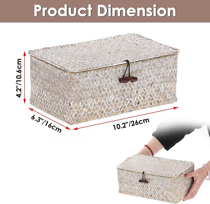 Sumnacon Small Wicker Basket with Lid Rectangle Woven Baskets for Toiletries Tampon Storage,Wicker Storage Basket with Lid,Decorative Seagrass Storage Baskets for Shelf Bathroom Toilet Table,Whitewash