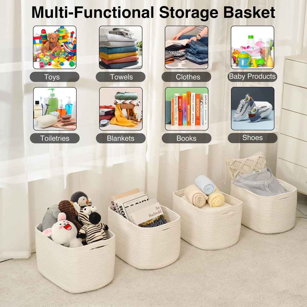 ICERZCZ Storage Baskets for Organizing & Shelves, Woven Cotton Rope Organization Bins for Dog Toys, Clothes, Books, Nursery Organizer, 15"Lx11''Wx9.5''H, (4 Packs) Off White