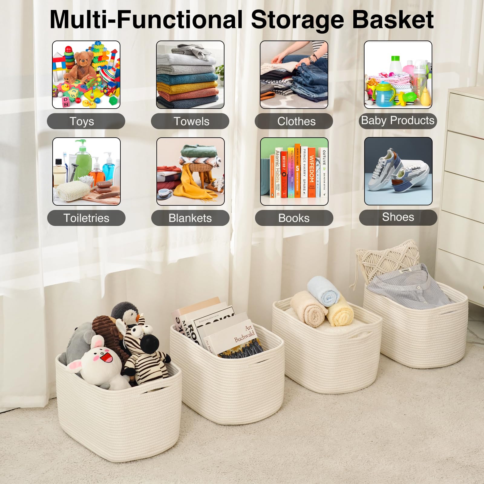 ICERZCZ Storage Baskets for Organizing & Shelves, Woven Cotton Rope Organization Bins for Dog Toys, Clothes, Books, Nursery Organizer, 15"Lx11''Wx9.5''H, (4 Packs) Off White