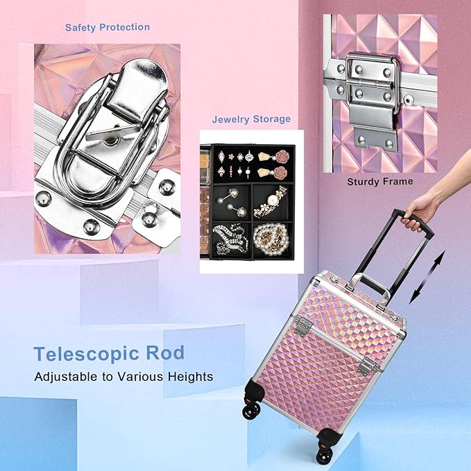 Stagiant Rolling Makeup Train Case Cosmetology Case on Wheels Travel Cosmetic Suitcase Trolley Makeup Luggage Storage Box 4 Tray with Lock Middle Layer Salon Nail Tech Cart Traveling Tattoo Case Pink