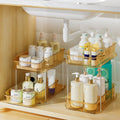 Delamu 2-Tier Under Sink Organizers and Storage, Multi-Purpose Stackable Bathroom Cabinet organizers, Pull Out Kitchen Pantry Organization and Storage with Dividers(2 Pack, Amber)