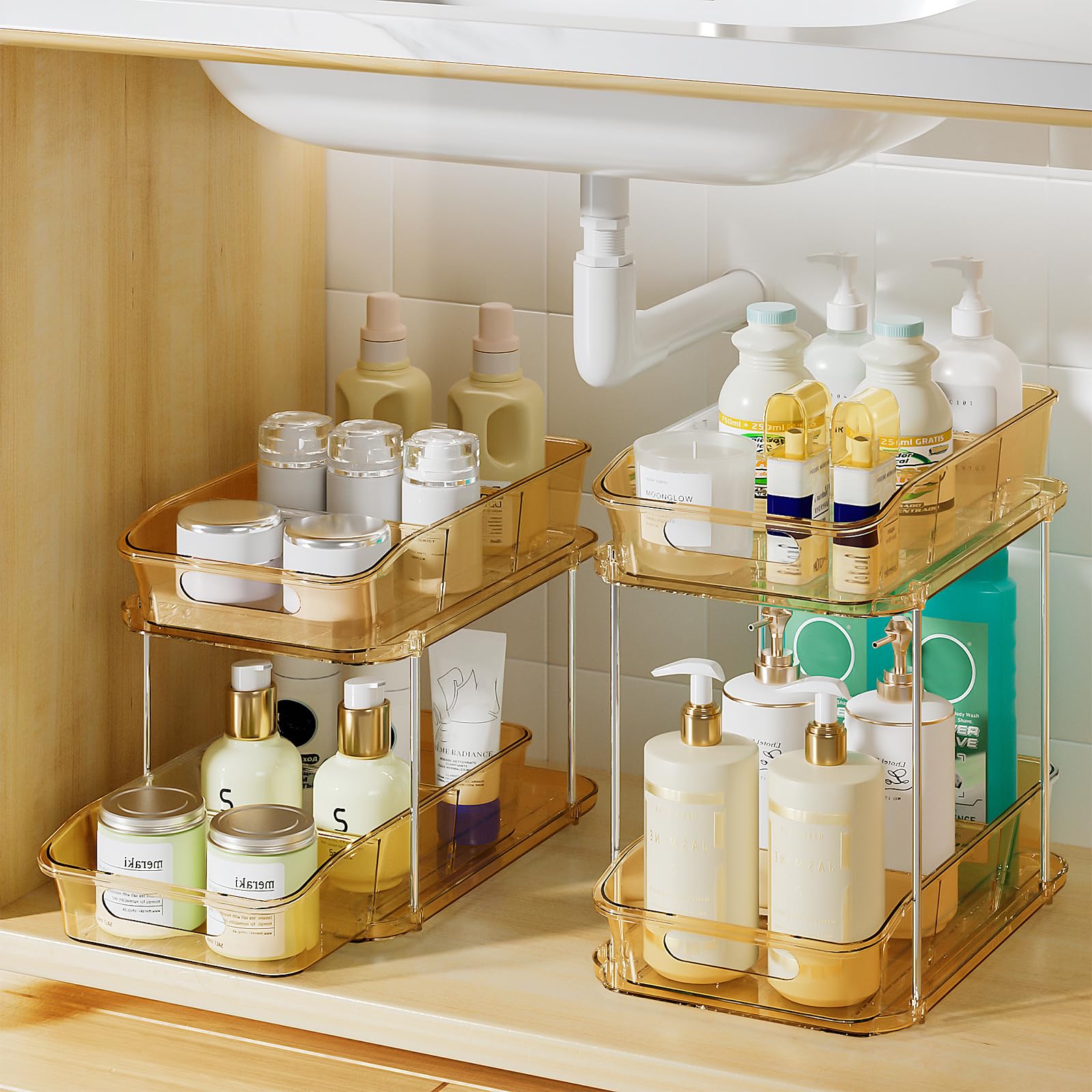 Delamu 2-Tier Under Sink Organizers and Storage, Multi-Purpose Stackable Bathroom Cabinet organizers, Pull Out Kitchen Pantry Organization and Storage with Dividers(2 Pack, Amber)