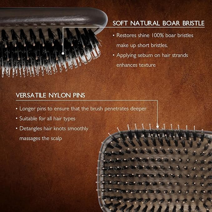 Norsewood Boar Bristle Hair Brush Set, Soft Bristle Detangler for Long, Short, Thin, Curly, Straight, or Wavy, Hairbrush for Enhancing Shine, Great for Men, Women, and Kids