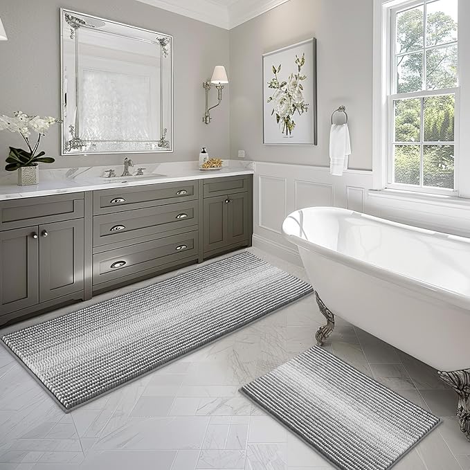 BSICPRO Bathroom Rugs and Mats Sets, 2 Piece Thick Absorbent Chenille Bath Mat Rug Set Non Slip, Soft Shaggy Bath Room Floor Mats for Bathroom, Machine Washable (Gray, 20" x 60" Plus 20" x 32")