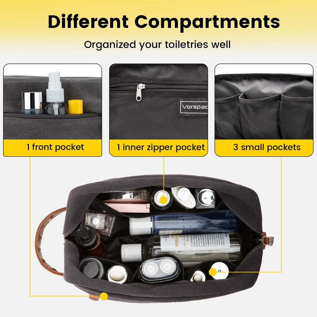 Vorspack Travel Toiletry Bag - Hanging Toiletry Bag for Men Water Resistant Canvas Shaving Bag with Large Capacity for Travel - Dark Grey