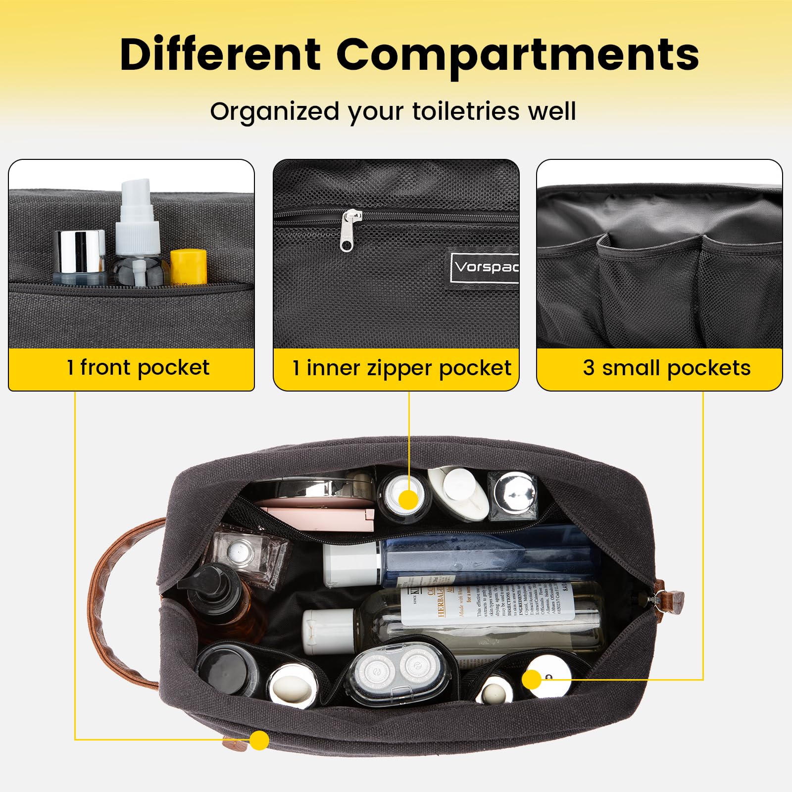 Vorspack Travel Toiletry Bag - Hanging Toiletry Bag for Men Water Resistant Canvas Shaving Bag with Large Capacity for Travel - Dark Grey