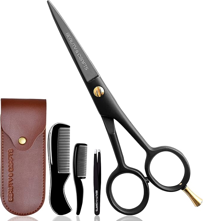 5'' German Beard Mustache Scissor- 2 Mustache Combs for Facial Hair with Beautiful Pouch -Beard Trimming Scissors for Grooming, Cutting, and Styling of Mustache (Black with Folding Comb)