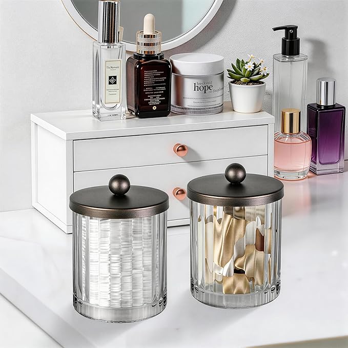 Amolliar Apothecary Jars Bathroom Vanity Storage Organizer Set, Countertop Canister with Stainless Steel Lid & Cute Stickers, Qtip Holder Dispenser for Cotton Swabs, Balls, Makeup Pads(Bronze, 4 Pack)
