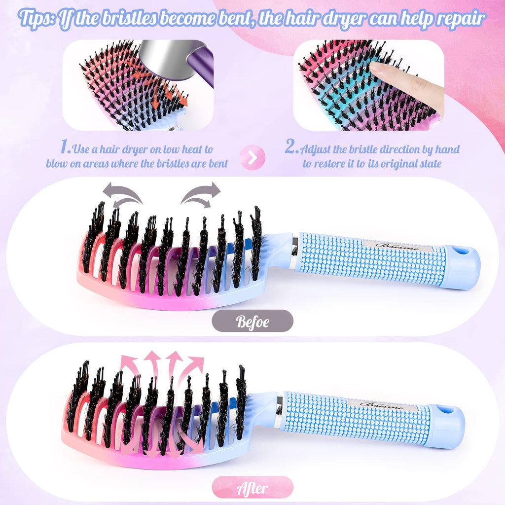 Boar Bristle Hair Brush, Curved Vented Detangler Brush Faster Blow Drying, Paddle Detangling Brush for Women Men Kids Wet Dry Long Curly Thick Straight Hair, Make Hair Shiny and Healthier(Purple+Blue)