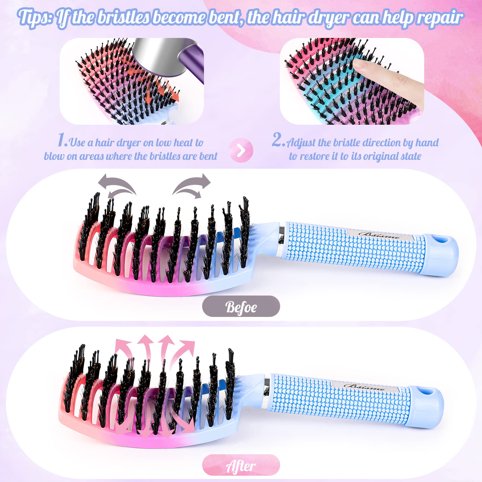 Boar Bristle Hair Brush, Curved Vented Detangler Brush Faster Blow Drying, Paddle Detangling Brush for Women Men Kids Wet Dry Long Curly Thick Straight Hair, Make Hair Shiny and Healthier(Purple+Blue)