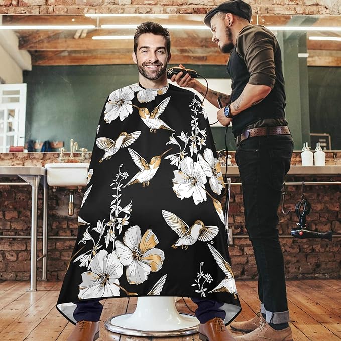visesunny Barber Cape Exotic Tropical Hibiscus Flower And Hummingbird Gold Silver Pattern Polyester Hair Cutting Salon Cape Apron Anti-Static Haircut Water-Resistant Shaving Cloth Beard Shaving Bib Ha