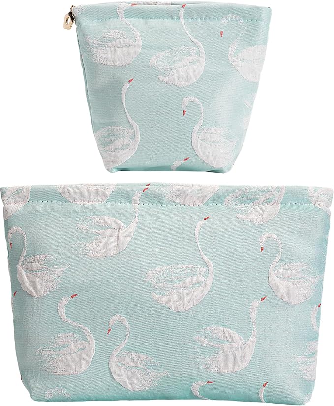 RIKMOXR 2-Pack Swan Print Makeup Bag Set - Large Capacity Light Blue Cosmetic Organizer | Travel Toiletry Pouch for Women Girls (Cute Animal Print, Zipper Closure)