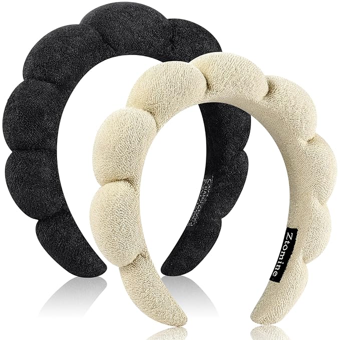 Ztomine Skincare Headband, Set of 2 - Terry Cloth Face Wash Headband Combo Pack - Puffy Makeup Headbands for Face Washing, Mask (beige + black)