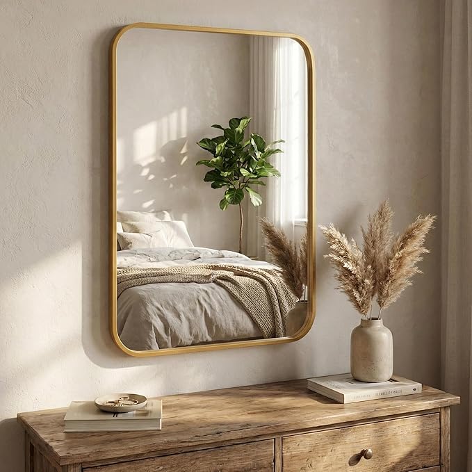 Pocetry 2-Pack 24x36 Inch Antique Gold Rounded Rectangle Vanity Mirrors