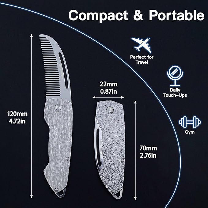 Dolmifapro Small Folding Mustache Comb, Metal Beard Comb for men EDC Pocket Mini Portable Fits In Keychain Anti-Static (Wood Grain)