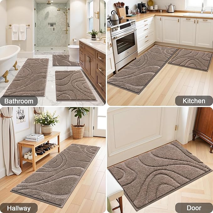 HEBE Bathroom Rug Sets 3 Piece, Non Slip Shower Mats with U-Shaped Contour Toilet Mat, Absorbent Microfiber Bath Mats for Bath Rugs, Washable Shaggy Floor Carpet, Coffee