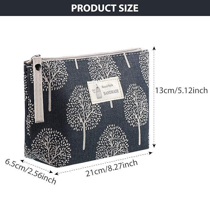Boao 4 Pcs Canvas Cosmetic Pouches for Purse Makeup Bags Set Small with Zipper Cute Multi Functional Toiletry Travel Organizer for Back to School Women Gift, 4 Styles(Small,Arrow, Plaid, Tree, Leave)