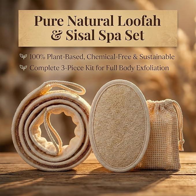 Natural Loofah Back Scrubber for Shower, Back Loofah for Women and Men, Exfoliating Loofah Sponge with Soap Bag, 3-pcs
