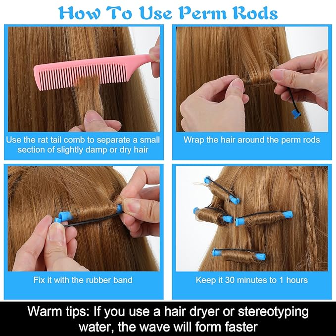 40 Pcs Perm Rods for Short & Long Hair, Small Hair Rollers for Women, Plastic Cold Wave Curling Rods, Perm Kit, Women's DIY Hairdressing Tools (Blue, 3.27×0.37 Inch)