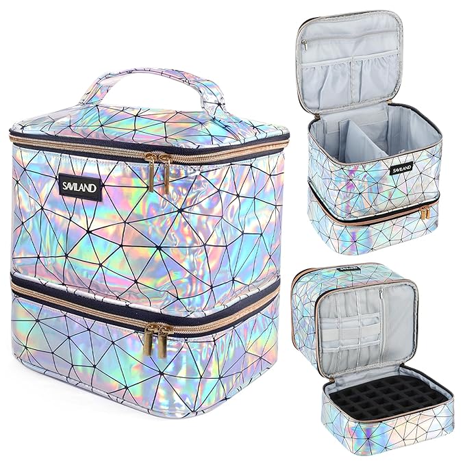 SAVILAND Nail Polish Organizer Bag: PU Leather Nail Kit Organizer Holds 30 Bottles & Nail Lamp, Holographic Nail Supply Organizer Nail Polish Holder Case Nail Organizers and Storage Box for Nail Tech