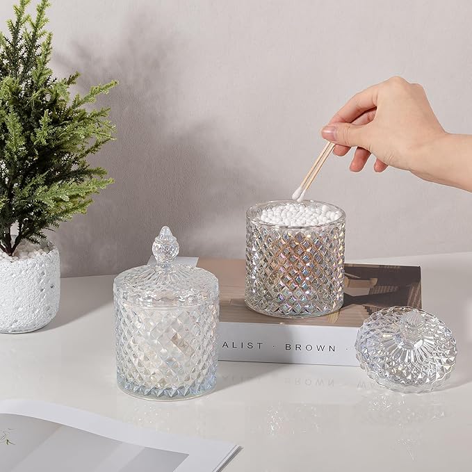 2 Pack Qtip Holder Apothecary Jars with Lid, Thick Glass, Iridescent Clear