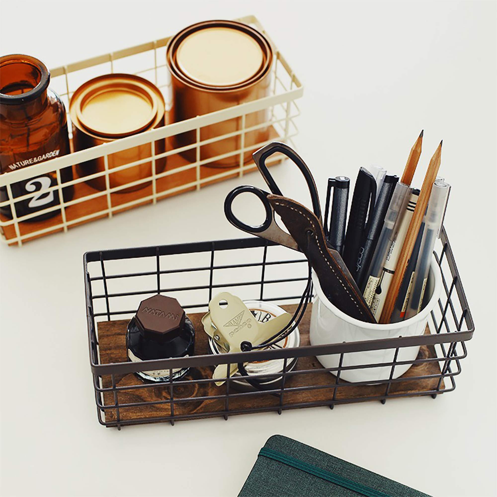 TIEYIPIN Small Metal Wire Storage Basket, Detachable Wood Base Storage Organizer Bin Basket for Kitchen Cabinets, Bathroom, Pantry, Garage, Laundry Room (Cream White, 2 Pack)