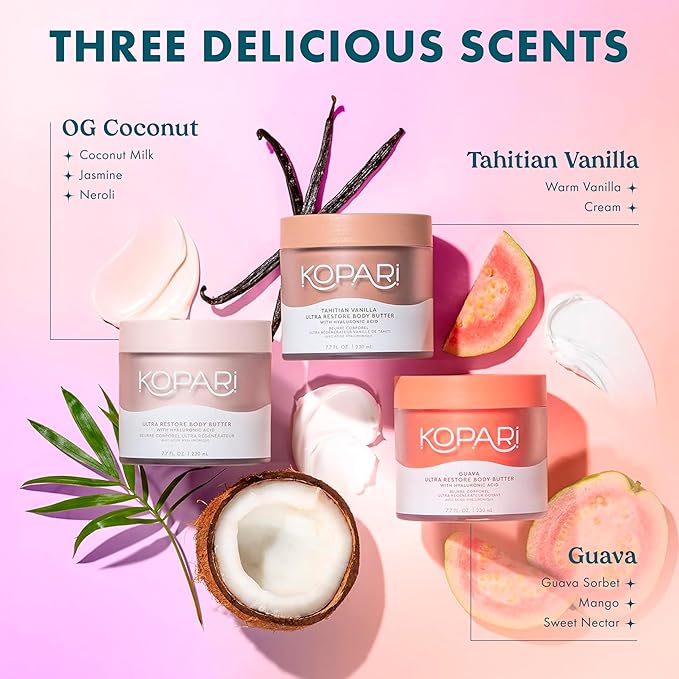 Kopari Ultra Restore Body Butter, Whipped Lightweight Formula, Hyaluronic Acid & Mango Butter, Deep Long-Lasting Moisture, Guava 7.7 oz