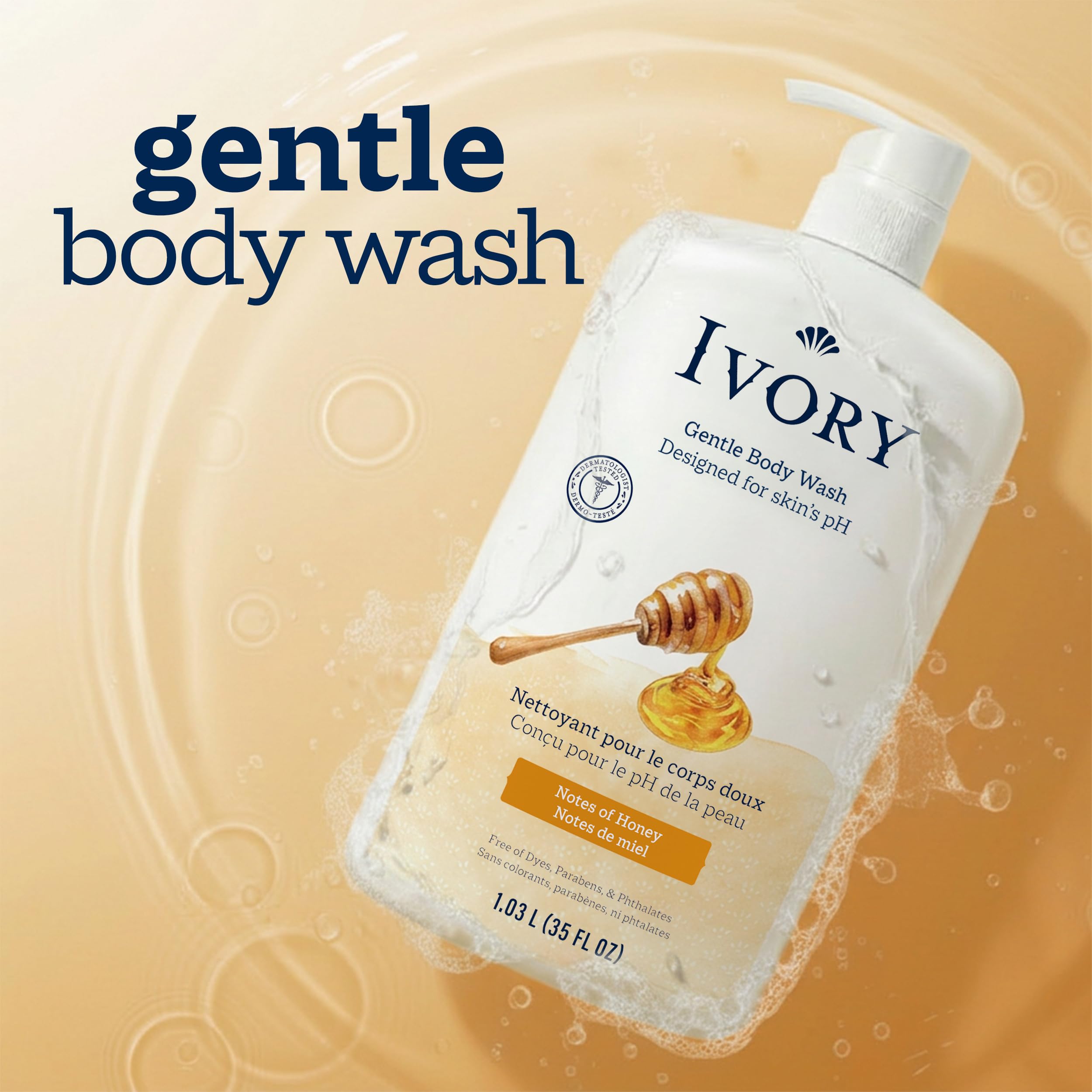Ivory Body Wash, Designed for the Whole Family, Gentle Formula, Free of Dyes Heavy Perfumes Parabens Phthalates & Silicones, for Sensitive Skin, Designed for Skin's pH, Honey Scent, 35 oz